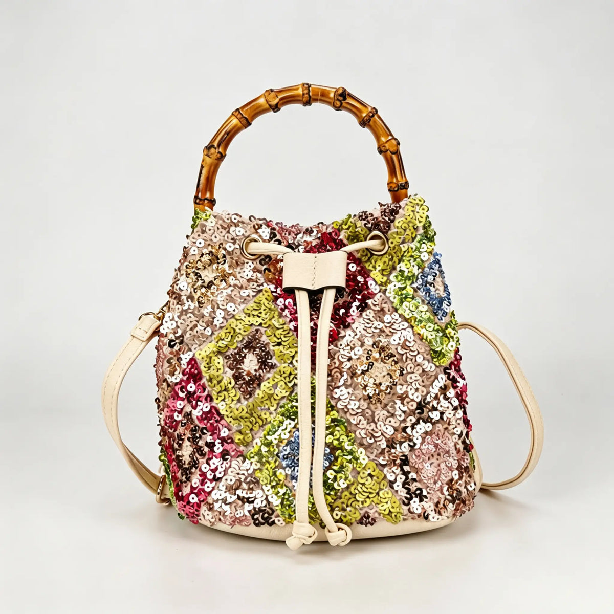 Vintage Floral Linen Bucket Bag with Bamboo Handle