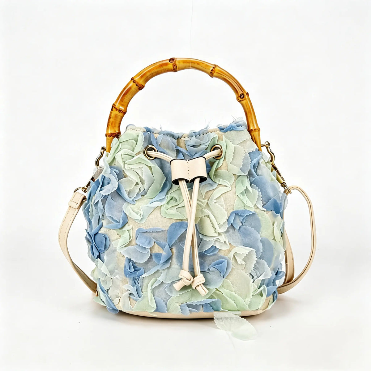 Vintage Floral Linen Bucket Bag with Bamboo Handle