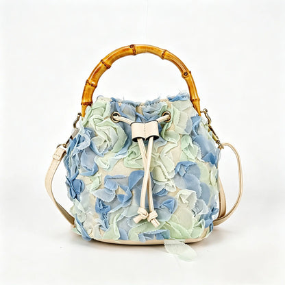 Vintage Floral Linen Bucket Bag with Bamboo Handle