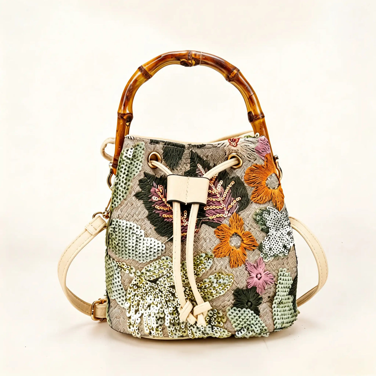 Vintage Floral Linen Bucket Bag with Bamboo Handle