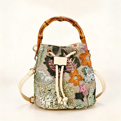 Vintage Floral Linen Bucket Bag with Bamboo Handle