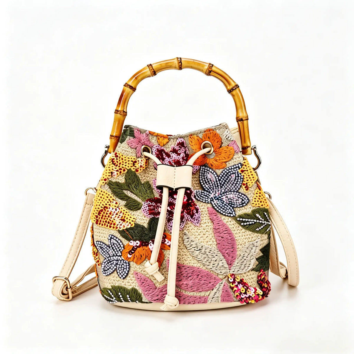 Vintage Floral Linen Bucket Bag with Bamboo Handle