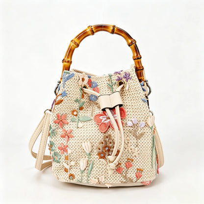 Vintage Floral Linen Bucket Bag with Bamboo Handle