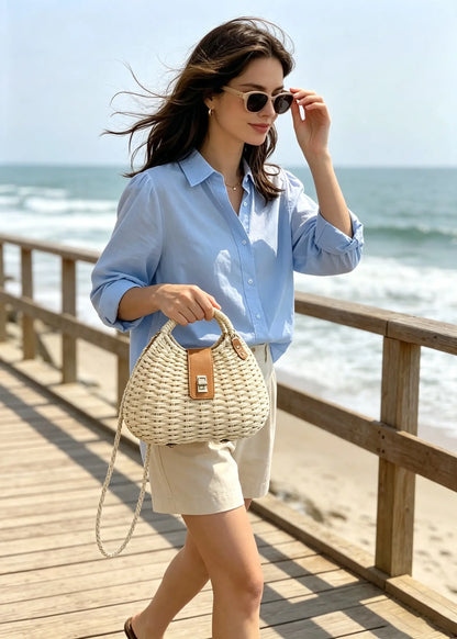 French Chic Woven Straw Beach Crossbody Tote Bag