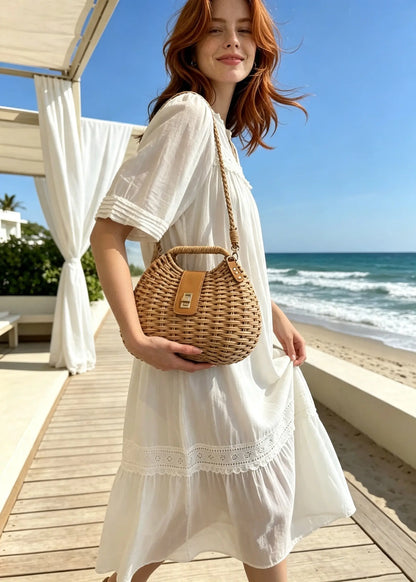 French Chic Woven Straw Beach Crossbody Tote Bag
