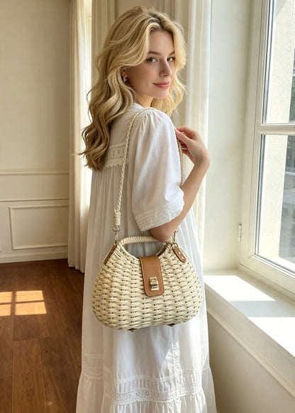 French Chic Woven Straw Beach Crossbody Tote Bag