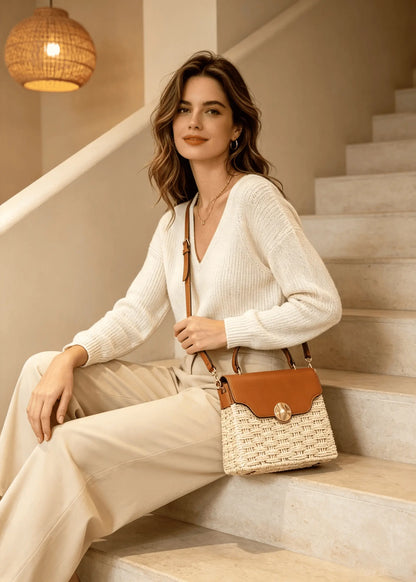 Vintage Straw Leather Trim Crossbody Tote Bag