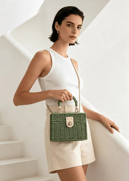 Vintage Lightweight Straw Box Crossbody Bag
