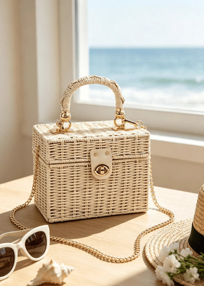 Vintage Lightweight Straw Box Crossbody Bag