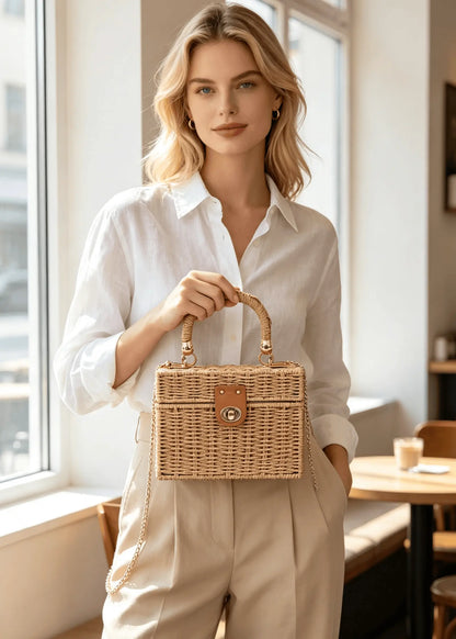 Vintage Lightweight Straw Box Crossbody Bag