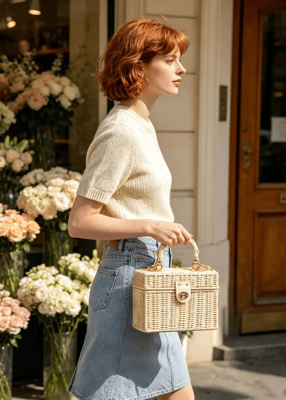 Vintage Lightweight Straw Box Crossbody Bag