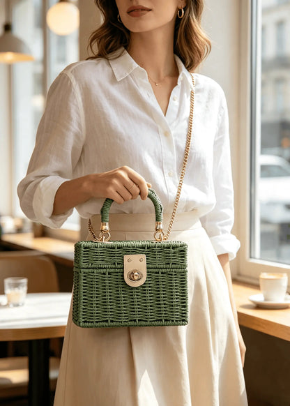 Vintage Lightweight Straw Box Crossbody Bag
