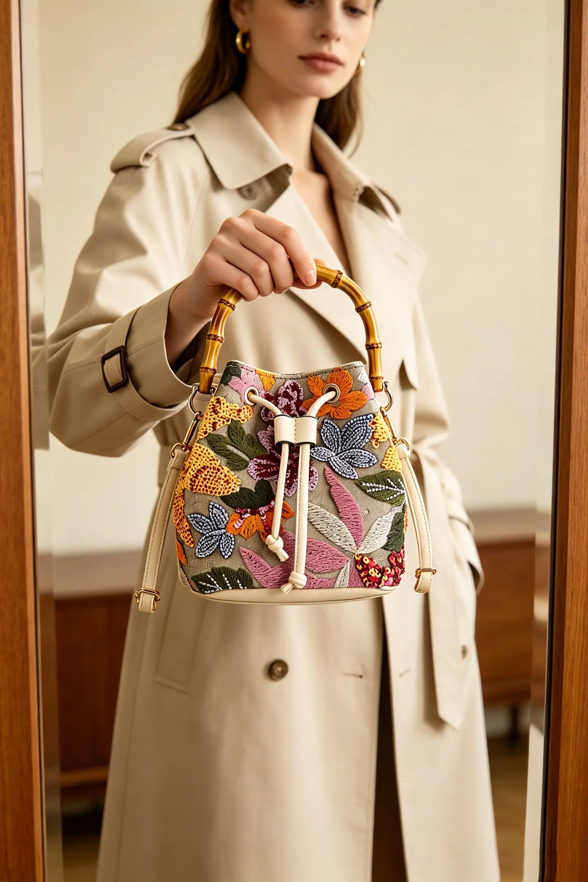 Vintage Floral Linen Bucket Bag with Bamboo Handle