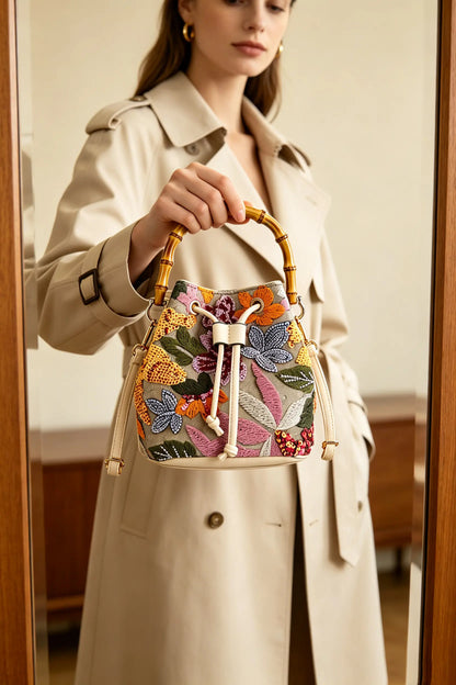 Vintage Floral Linen Bucket Bag with Bamboo Handle