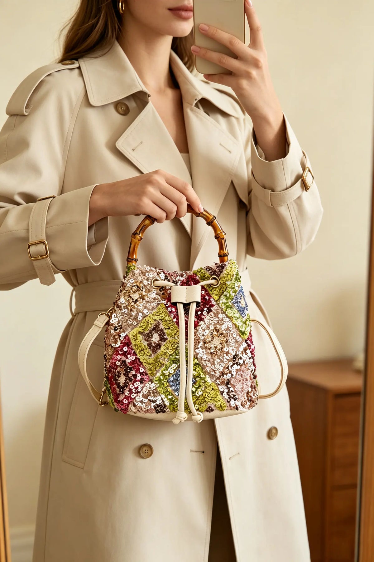 Vintage Floral Linen Bucket Bag with Bamboo Handle