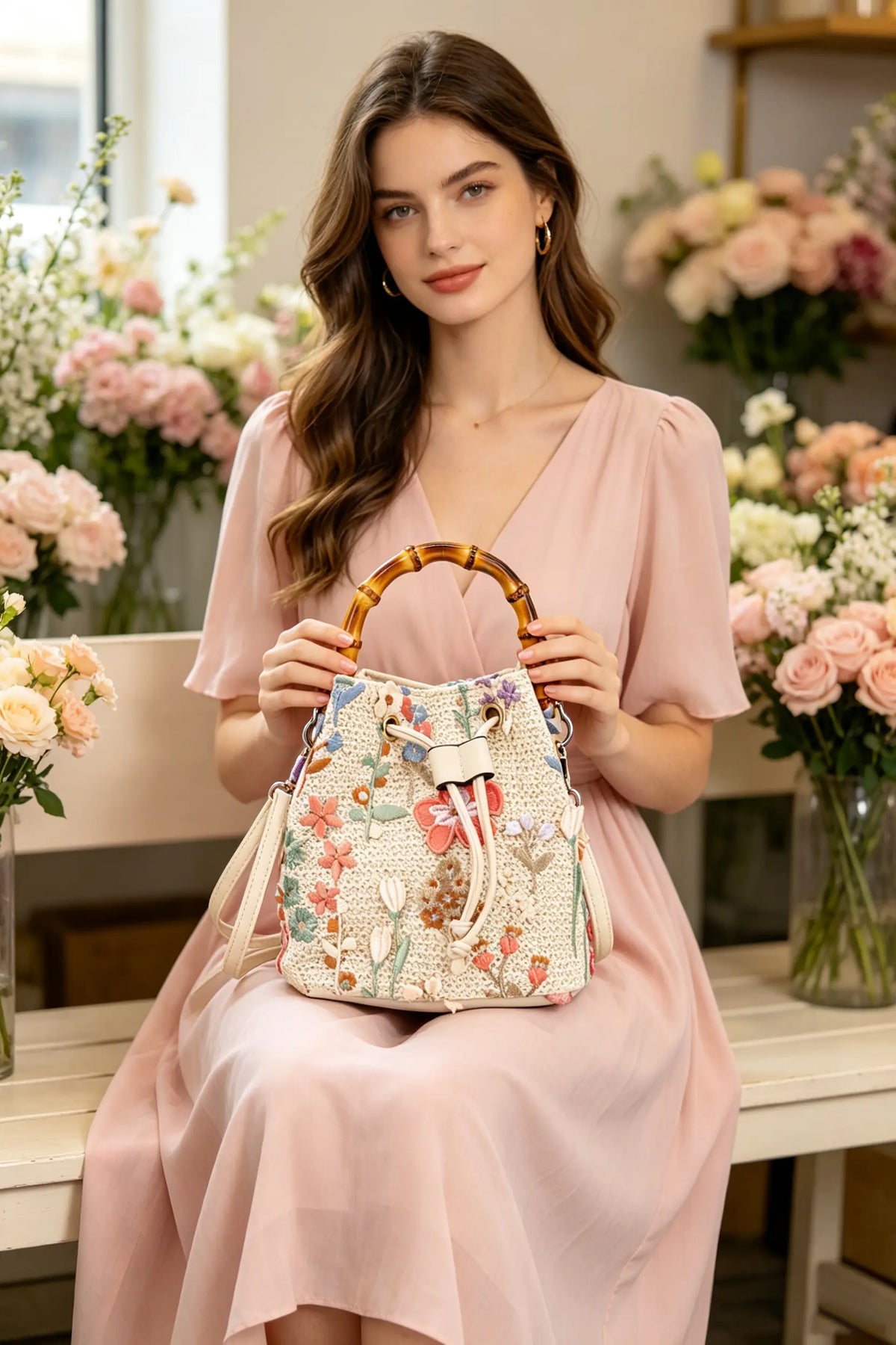 Vintage Floral Linen Bucket Bag with Bamboo Handle