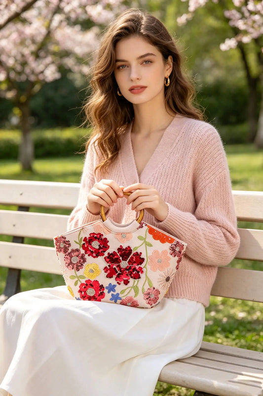 Riviera Floral Appliqué Sequin Bamboo Tote Bag