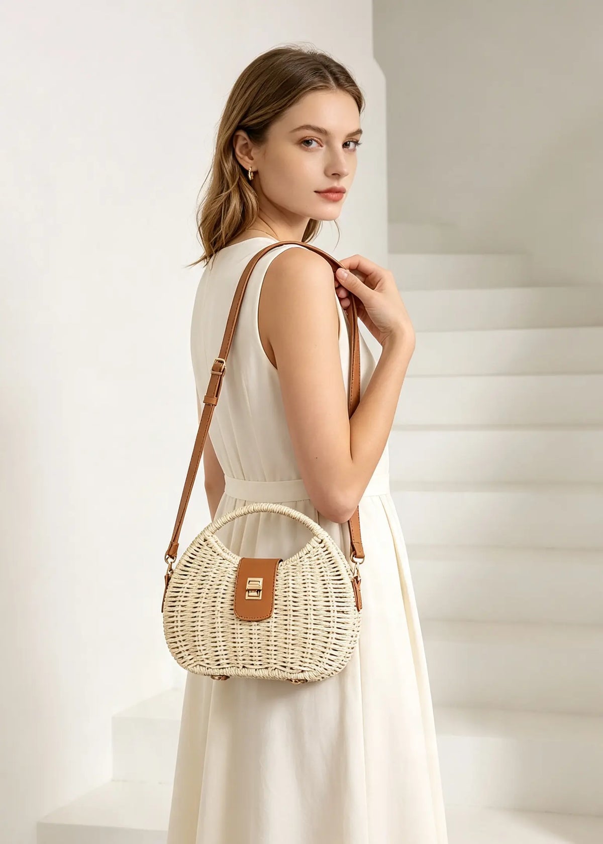 French Chic Woven Straw Beach Crossbody Tote Bag